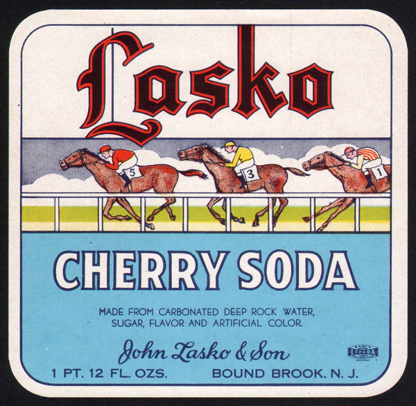 Vintage soda pop bottle label LASKO CHERRY race horses Bound Brook NJ n-mint+