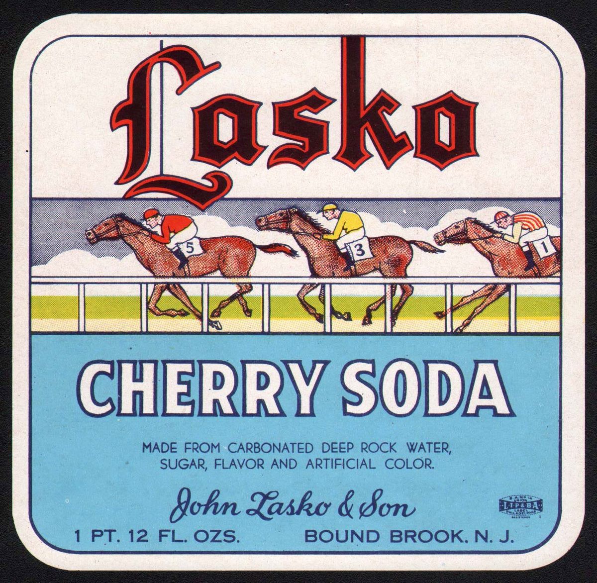 Vintage soda pop bottle label LASKO CHERRY race horses Bound Brook NJ ...