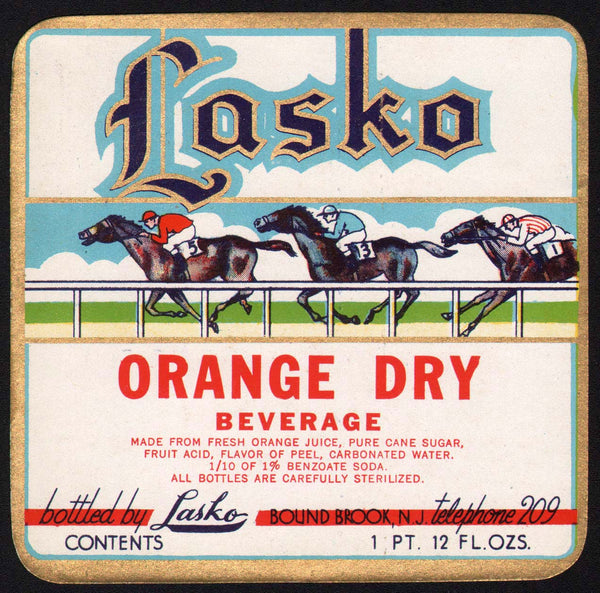 Vintage soda pop bottle label LASKO ORANGE DRY race horses Bound Brook NJ n-mint