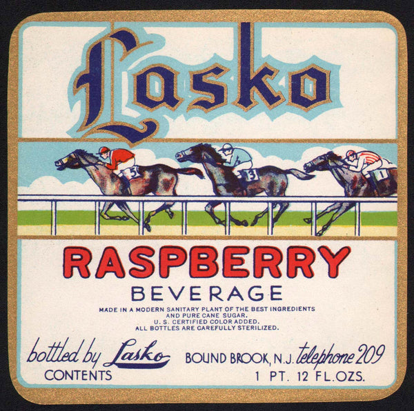Vintage soda pop bottle label LASKO RASPBERRY race horses Bound Brook NJ n-mint+