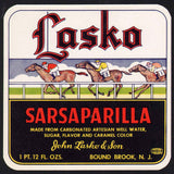 Vintage soda pop bottle label LASKO SARSAPARILLA race horses Bound Brook NJ