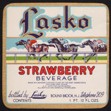 Vintage soda pop bottle label LASKO STRAWBERRY race horses Bound Brook NJ unused