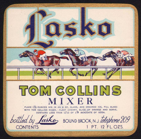 Vintage soda pop bottle label LASKO TOM COLLINS MIXER #1 horses Bound Brook NJ