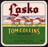 Vintage soda pop bottle label LASKO TOM COLLINS MIXER #2 horses Bound Brook NJ