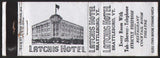 Vintage matchbook cover LATCHIS HOTEL picturing the hotel Brattleboro Vermont