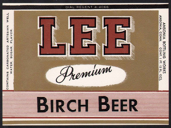 Vintage soda pop bottle label LEE BIRCH BEER Ansonia Connecticut new old stock