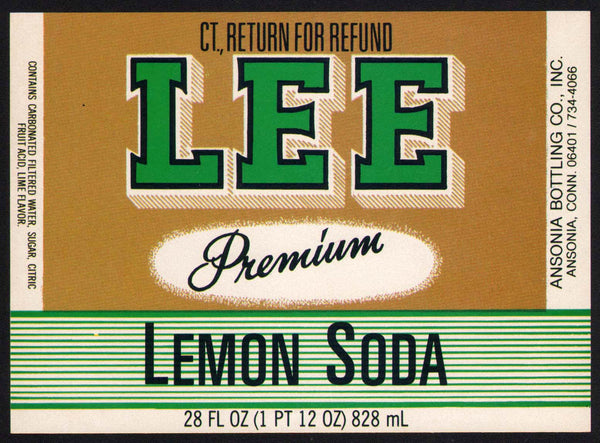 Vintage soda pop bottle label LEE LEMON SODA Ansonia Connecticut new old stock