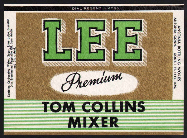 Vintage soda pop bottle label LEE TOM COLLINS MIXER Ansonia Connecticut unused