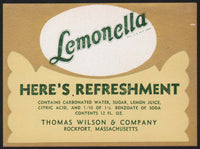 Vintage soda pop bottle label LEMONELLA Here's Refreshment Thomas Wilson Rockport