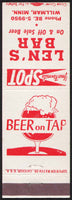 Vintage matchbook cover LENS BAR beer and glass pictured from Willmar Minnesota