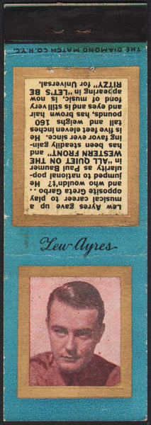 Vintage matchbook cover LEW AYERS Diamond Match actor series with his biography