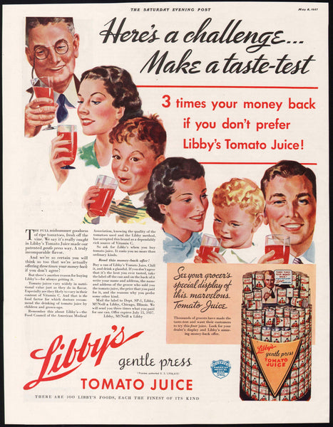 Vintage magazine ad LIBBYS TOMATO JUICE 1937 people and grocery display pictured