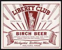 Vintage soda pop bottle label LIBERTY CLUB BIRCH BEER statue pictured Holyoke MA