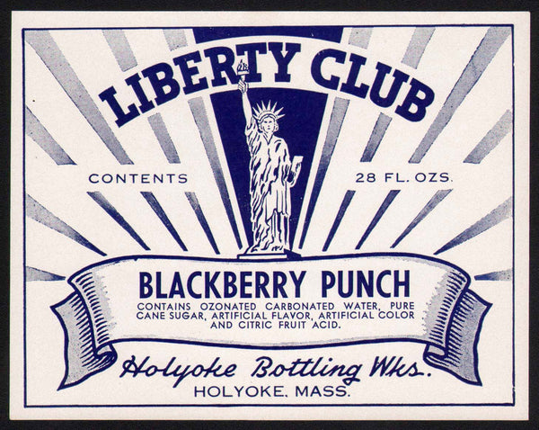 Vintage soda pop bottle label LIBERTY CLUB BLACKBERRY statue pictured Holyoke MA