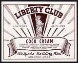Vintage soda pop bottle label LIBERTY CLUB COCO CREAM statue pictured Holyoke MA