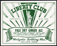 Vintage soda pop bottle label LIBERTY CLUB GINGER ALE statue pictured Holyoke MA