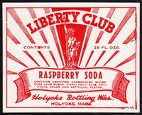 Vintage soda pop bottle label LIBERTY CLUB RASPBERRY statue pictured Holyoke Mass