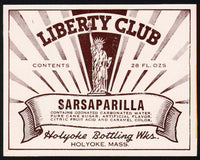 Vintage soda pop bottle label LIBERTY CLUB SARSAPARILLA statue pictured Holyoke Mass