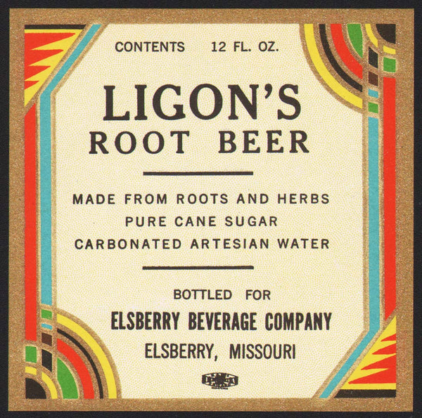 Vintage soda pop bottle label LIGONS ROOT BEER Elsberry Missouri unused n-mint+
