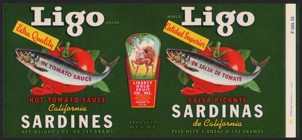 Vintage label LIGO SARDINES fish pictured Liberty Gold Fruit San Francisco California