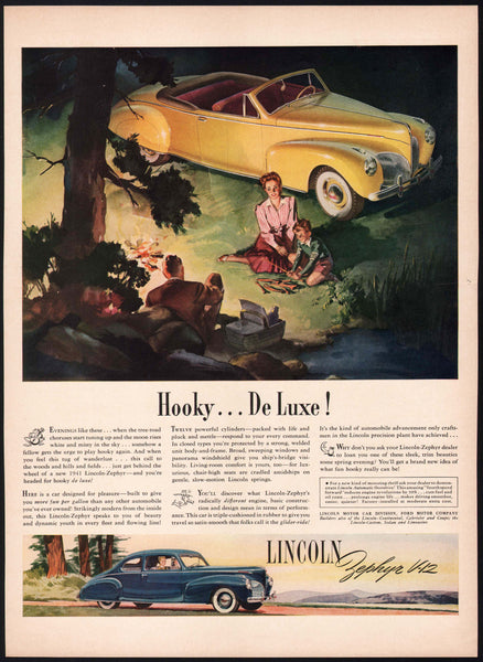 Vintage magazine ad LINCOLN ZEPHYR AUTOMOBILE 1941 Ford Motor Co family picnic