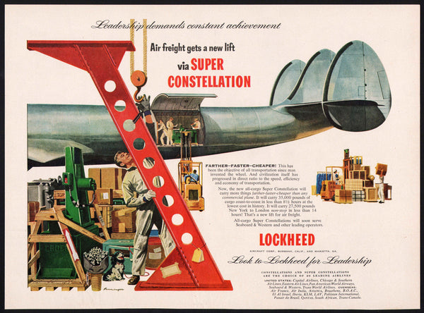 Vintage magazine ad LOCKHEED SUPER CONSTELLATION plane pictured 1953 Henninger art