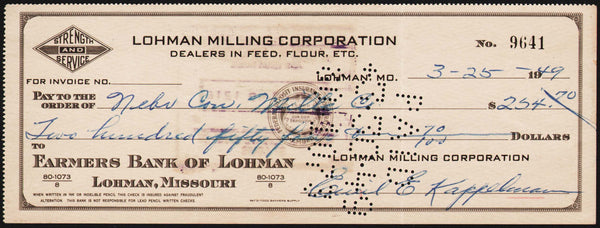 Vintage bank check LOHMAN MILLING CORPORATION dated 1949 Lohman Missouri used