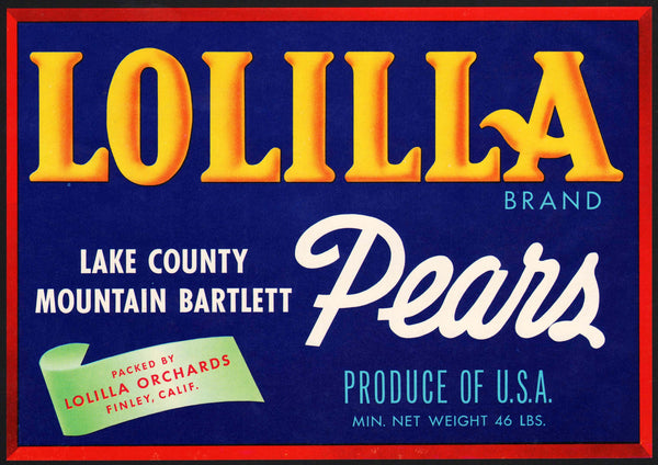 Vintage label LOLILLA PEARS Lake County Finley California new old stock n-mint+