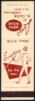 Vintage matchbook cover LONGS MENS WEAR top hat and cane pictured El Cajon California