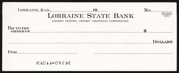 Vintage bank check LORRAINE STATE BANK Lorraine Kansas unused new old stock