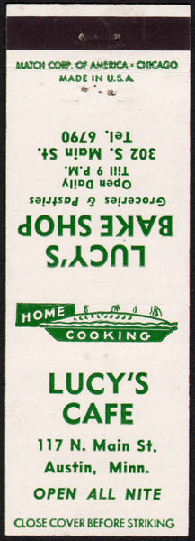 Vintage matchbook cover LUCYS CAFE Lucys Bake Shop pie pictured Austin Minnesota