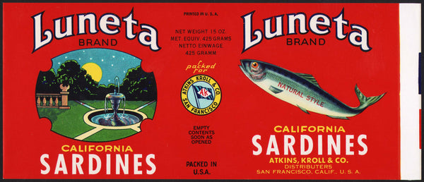 Vintage label LUNETA SARDINES fountain pictured Atkins Kroll San Francisco Calif