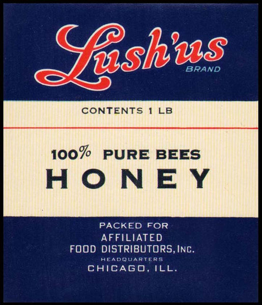 Vintage label LUSHUS HONEY Affiliated Food Chicago new old stock unused n-mint