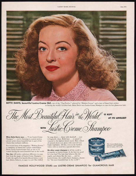 Vintage magazine ad LUSTRE CREME SHAMPOO from 1951 with Bette Davis pictured