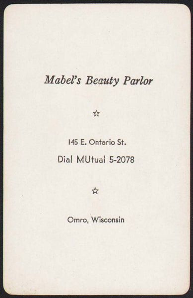 Vintage playing card MABELS BEAUTY PARLOR Dial Mutual 5-2078 Omro Wisconsin