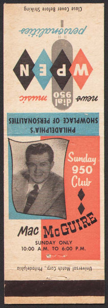 Vintage matchbook cover MAC McGUIRE Sunday 950 Club WPEN radio Personalities
