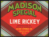Vintage soda pop bottle label MADISON SPECIAL LIME RICKEY Madison Wisconsin n-mint+