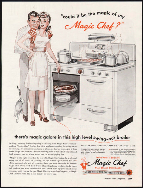 Vintage magazine ad MAGIC CHEF RANGE 1946 with swing out broiler and couple pictured