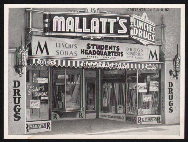 Vintage soda pop bottle label MALLATTS Pharmacy pictured Madison Wisconsin n-mint