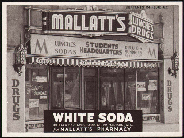 Vintage soda pop bottle label MALLATTS WHITE SODA pharmacy picture Madison Wisconsin