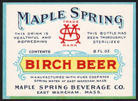 Vintage soda pop bottle label MAPLE SPRING BIRCH BEER East Wareham Mass n-mint+