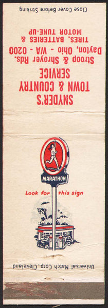 Vintage matchbook cover MARATHON gas oil sign pictured Snyders Service Dayton Ohio