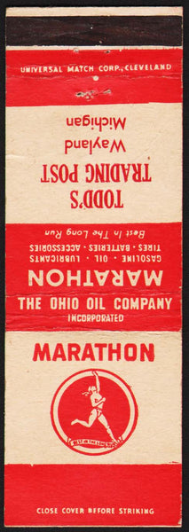 Vintage matchbook cover MARATHON gas oil runner Todds Trading Post Wayland Michigan