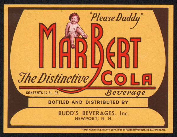 Vintage soda pop bottle label MARBERT COLA baby pictured Newport New Hampshire