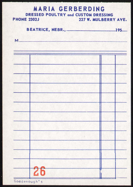 Vintage receipt MARIA GERBERDING Dressed Poultry Beatrice Nebraska 1950s n-mint+