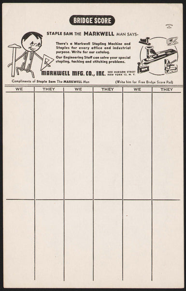 Vintage bridge score sheet MARKWELL MFG CO Staple Sam New York NY unused n-mint