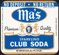 Vintage soda pop bottle label MAs CLUB SODA Wilkes Barre Pa new old stock n-mint+