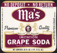 Vintage soda pop bottle label MAs GRAPE SODA Wilkes Barre Pa new old stock n-mint+