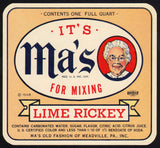 Vintage soda pop bottle label MAs LIME RICKEY dated 1948 Meadville PA unused