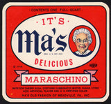 Vintage soda pop bottle label MAs MARASCHINO dated 1948 Meadville PA unused n-mint